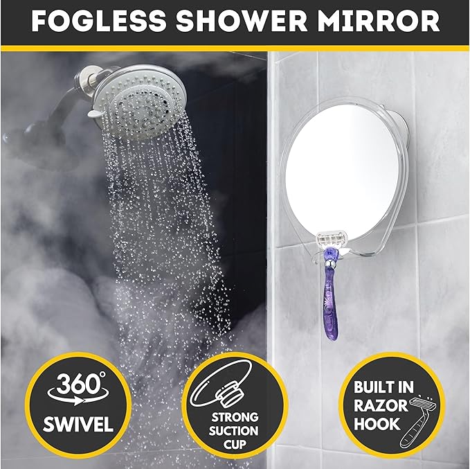HONEYBULL Fogless Shower Mirror with Suction Mount & Swivel – Anti-Fog Acrylic Bathroom Mirror for Shaving – Built-in Razor Holder, Easy Install, Home Shower Accessory (White)