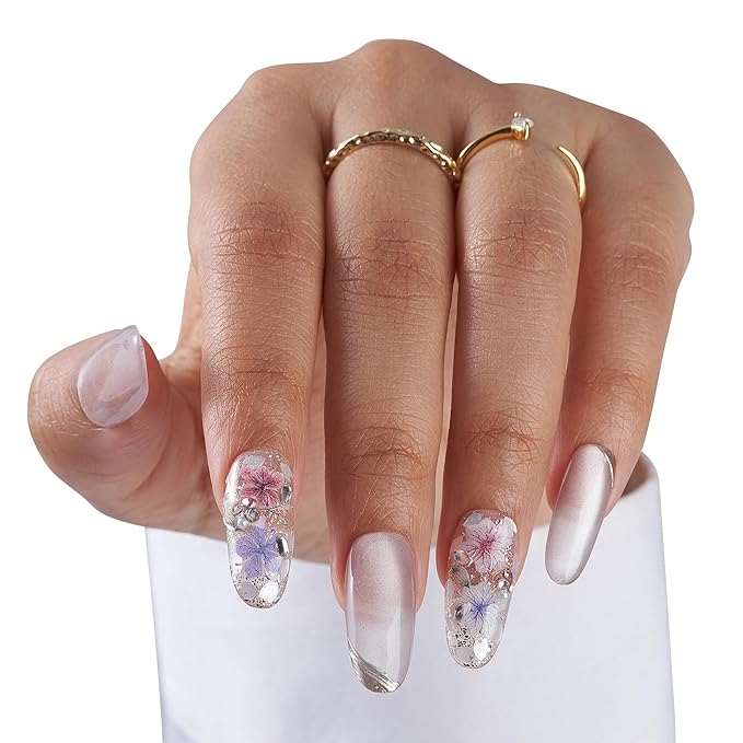 Medium-Blossom Whisper Fake Nails Press-On Manicure Kit for Women | French Tip 10 Nails | Nail Glue, Dual Nail File, Cuticle Stick, Buffer Block | Measure Before Ordering