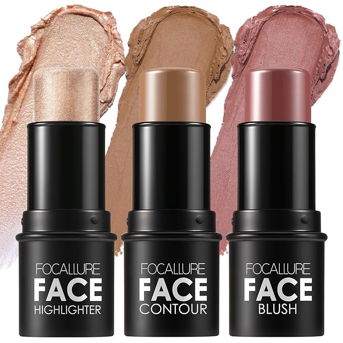 FOCALLURE 3PCS Cream Contour Stick - Highlighter Bronzer Blush Set for Face Sculpting, Non-Greasy Longwear Makeup, Easy to Blend with Natural Matte Finish,SET 4
