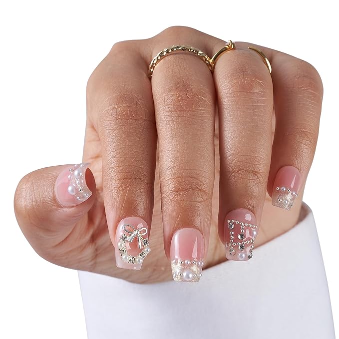 Medium-Peach Crystal Charm French Tip Press-On 10 Nails Manicure Kit for Women | Custom Handcrafted Nail Glue, Dual Nail File, Cuticle Stick & Buffer Block | Measure Before Ordering