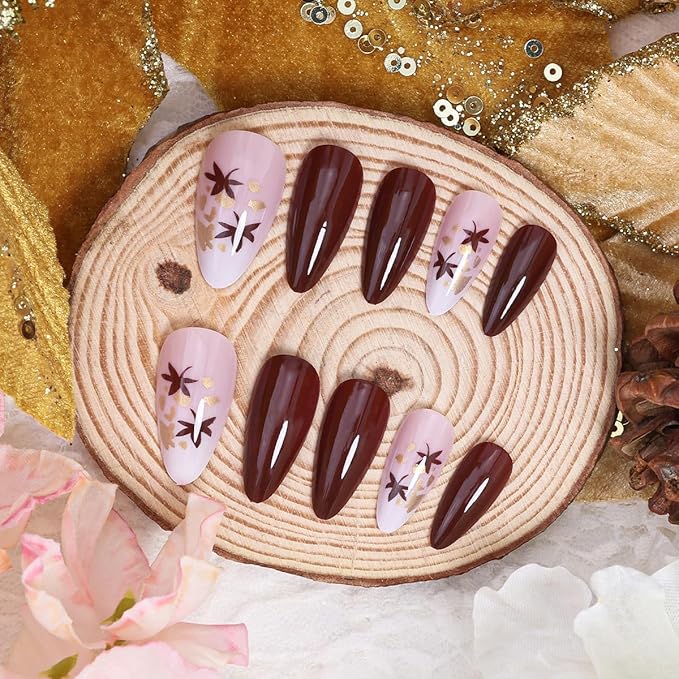 24Pcs Maple Leaf Press on Nails Short Fall Fake Nails Full Cover Brown Acrylic Nail Thanksgiving Press Ons Maple Leaves Glue on Nails Autumn False Nail Glossy Artificial Nail for Women DIY Manicure