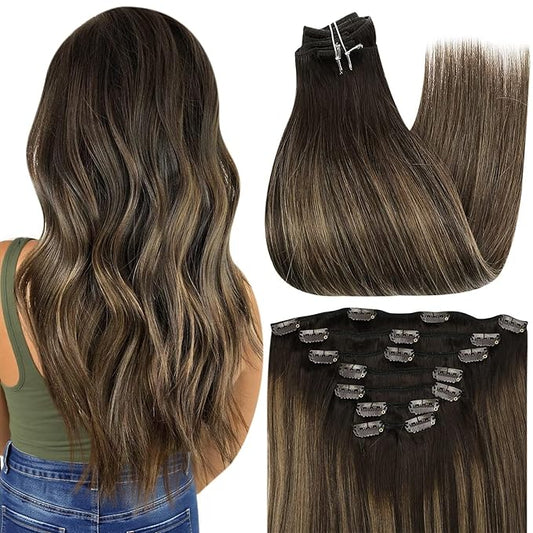 Full Shine Hair Extensions Clip in Human Hair 18 Inch Balayage Brown Ombre Clip in Hair Extensions Remy Human Hair Straight 7 Pcs 120 G