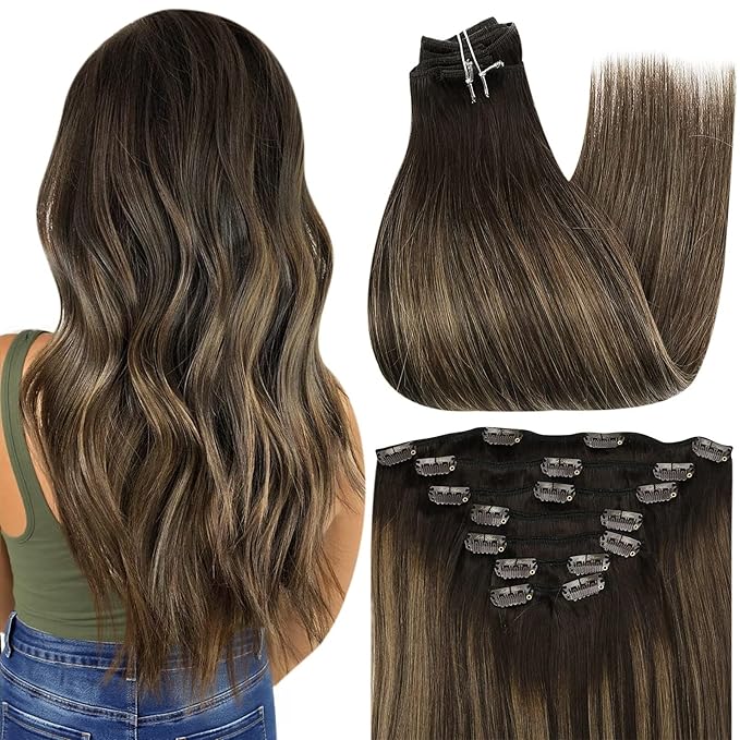 Full Shine Clip in Hair Extensions Dark Brown 22 Inch Balayage Hair Clip in Extensions Remy Hair Dark Brown Ombre Hair Extensions Real Human Hair Clip ins Straight 7 Pcs 120 G