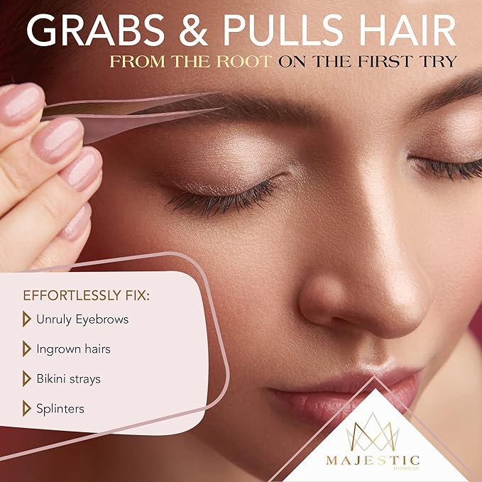 Majestic Bombay Fine Point + Slant Tweezers for Women and Men – Splinter Ticks, Facial, Brow and Ingrown Hair Removal–Sharp, Needle Nose, Surgical Tweezers Precision best tweezers for chin hair