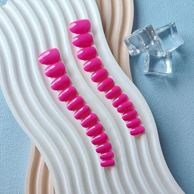 Hot Pink Press on Nails Short Almond Fake Nails Press ons, Thick Solid Color Neon Glue on Nails Short False Nails Medium Almond Nails Oval Round Shaped Nails for Women, 24Pcs Natural Acrylic Gel Nails