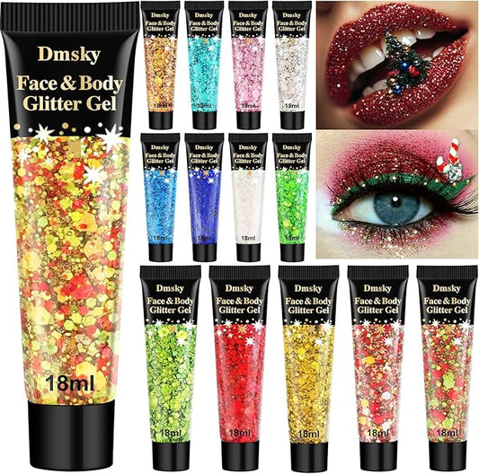 14 Colors Body Glitter,Face Glitter Makeup for Kids Women,Sparkly Chunky Hair Glitter for Eye Lip Nails,Mardi Gras Glitter Makeup Face Paint,Singer Concerts Disco Rave Festival Accessories-Christmas