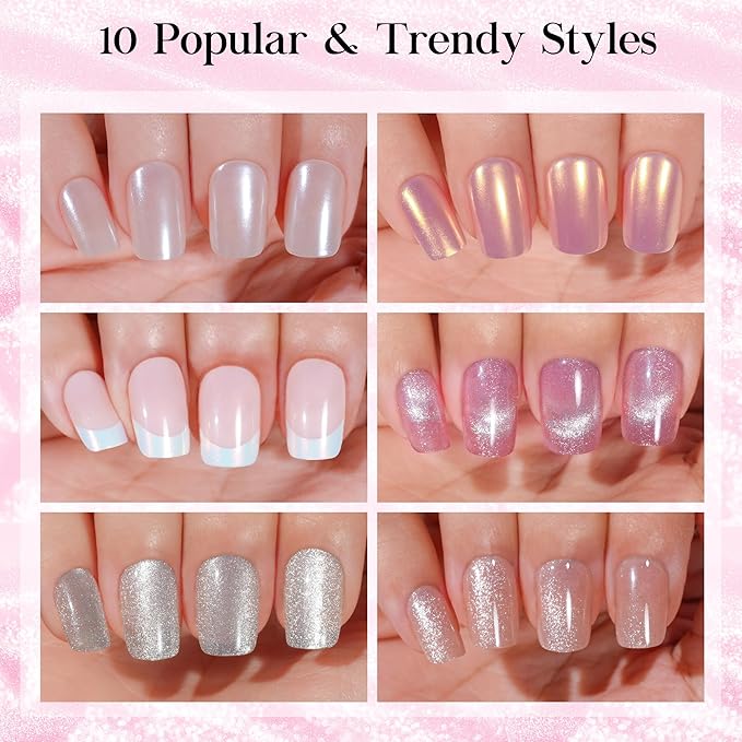 Press on Nails Short 10 Styles, Jofay Fashion 240Pcs Salon-Like Fake Nails with Cat Eye & French Tip Press on Nails Designs, Artificial Acrylic Gel Glue on Nails for Women