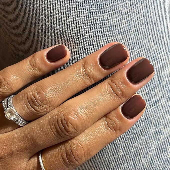 Press on Nails Short Square, Chocolate Brown Fake Nails Kit, Fashion Glossy Acrylic Press on Nail, Natural Stick on Nail, Thick Reusable Glue on Nails Short Press on Nail for Women