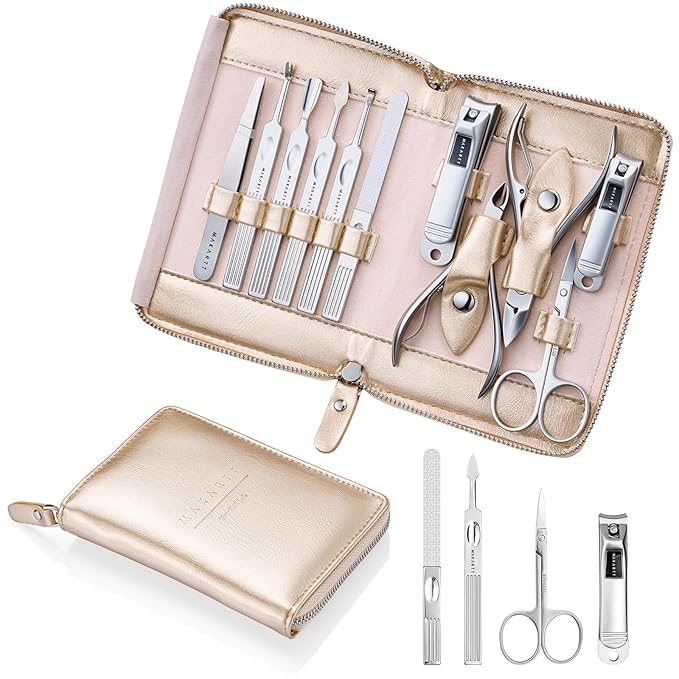 Makartt Manicure Kit for Women: Travel Manicure Pedicure Kit- 11 pcs Stainless Steel Women Men Fingernail Grooming Tool with Portable Rosy Gold Leather Case
