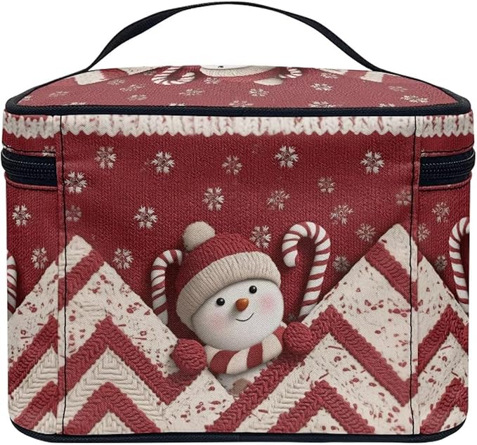 Snowman Chevron Print Travel Makeup Bags for Women Portable Tote Cosmetic Case with Carry Handle Toiletry Accessories Storage Organizer Bags for Christmas, Red