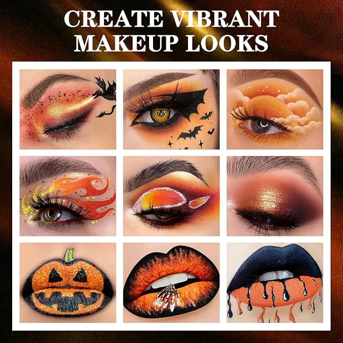 BOBISUKA Makeup Eyeshadow + Matte Lipstick Set, 6 Colors Orange Brown Warm Sunset Shimmer Matte Metallic Fall Eye Shadow Pallet with Orange Liquid Lipstick Makeup Kit for Halloween, Scary Pumpkin