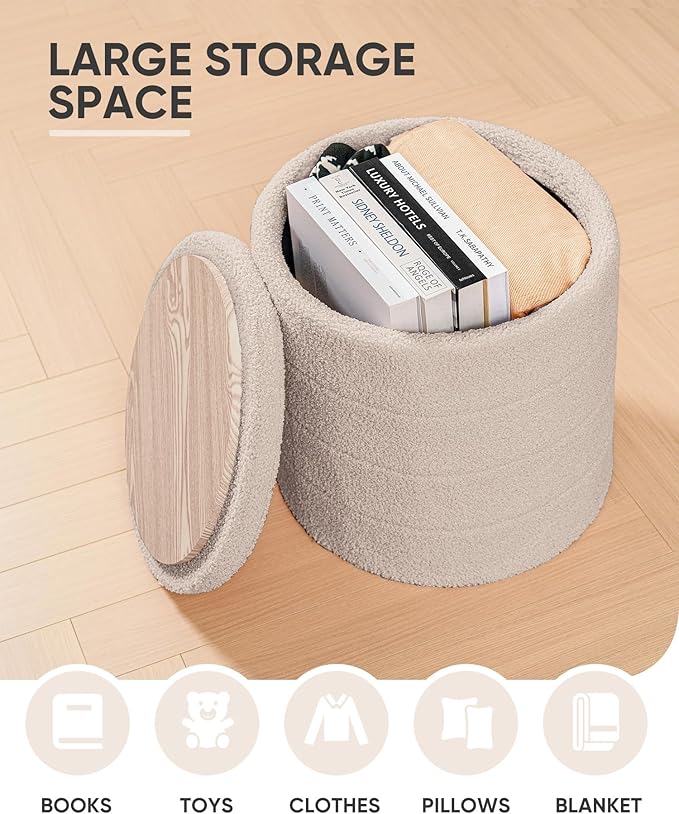 B FSOBEIIALEO Ottoman with Stroage, Round Sherpa Storage Ottoman Stool, Boucle Foot Rest 16.9"x16.9"x17.7"（Beige