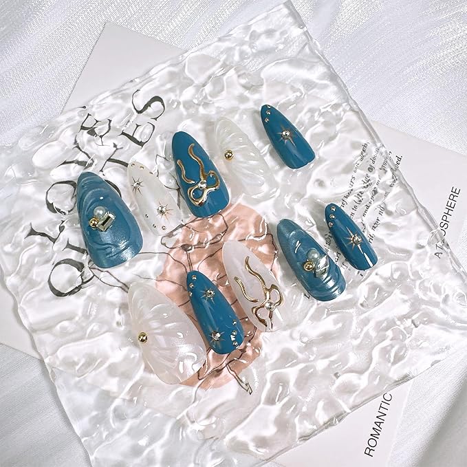 30pcs Blue Press on Nails Medium Almond Fake Nails with 3D Bow Gold Beads Rhinestones Designs Star False Nails Handmade Acrylic Full Cover Glue on Nails for Women Nail Decoration