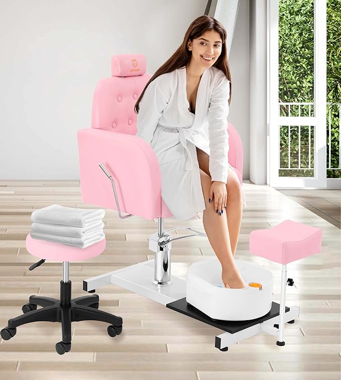 Reclining Pedicure Chair with Foot Massage Basin & Stool, Hydraulic Adjustable Pedicure Chair Station, 360° Rotation Beauty Spa Salon Unit Station Pink