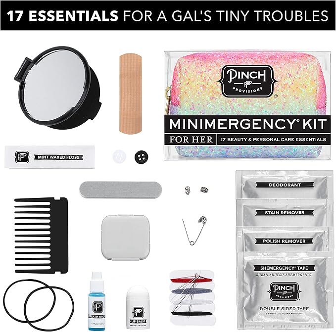 Pinch Provisions Rainbow Minimergency Kit, includes 17 Travel-Sized Cosmetic Essentials, Convenient for Purses, Emergency Beauty Accessories, Gifts for Holiday’s & Birthday’s