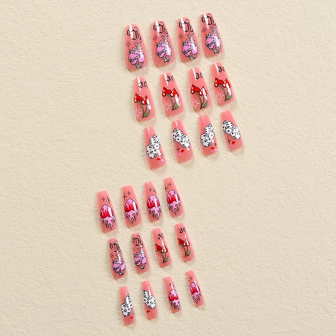 BABALAL Press on Nails Long Coffin Fake Nails Pink Heart Glue on Nails Valentine Day Dice Arcylic Nails 24Pcs Manicure False Nails Ballerina Stick on Nails Glossy Artificial Nails
