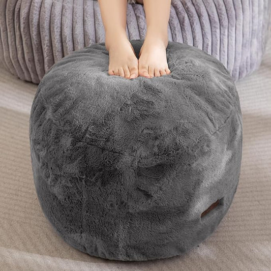 HIGOGOGO Pouf Stuffed Ottoman Round Modern Foam Filled Foot Rest Chair Decorative Poufs 26 x 18 Inches Fluffy Boho Comfy Stool for Living Room, Grey