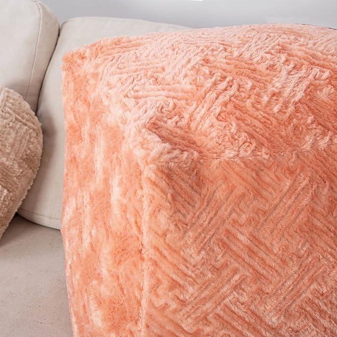 DaDalogy Bedding Faux Fur Ottoman Pouf Cover [NO Insert] - Rose Coral Baby Peach | Shiny Geometric Soft Cozy with Zipper - 1-Piece 18" x 18" x 18"