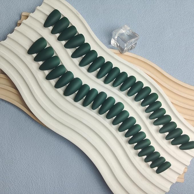 48Pcs Matte Dark Green Press on Nails Medium Length Almond Shaped Nails, Stiletto False Nails for Women, Thick Natural Acrylic Gel Nails