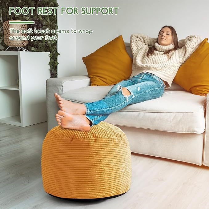 HIGOGOGO Round Stuffed Pouf Ottoman, Corduroy Poufs with Foam Chunk Filling, Furry and Fluffy Pouf Foot Stool Storage Ottoman, 20 X 15 Floor Poufs Foot Rest for Living Room, Orange
