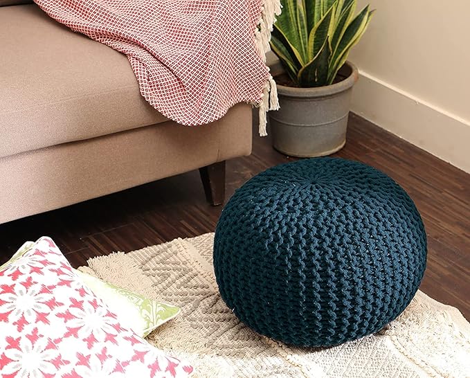 REDEARTH Round Pouf Bean Bag Ottoman - Foot Stool Hand Knitted - Home Decor Pouffe Stuffed - Cable Boho Poof Beanbag Footrest for Living Room - Nursery - Bedroom - Patio (19.5"x19.5"x14") - Teal