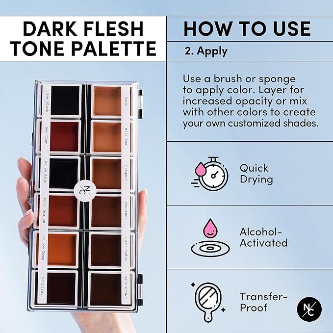 12 Color Dark Flesh Tone Alcohol Activated Makeup Palette Kit - Includes Alcohol Activator and Moisturizing Remover - Waterproof Makeup for Professional Makeup Artists