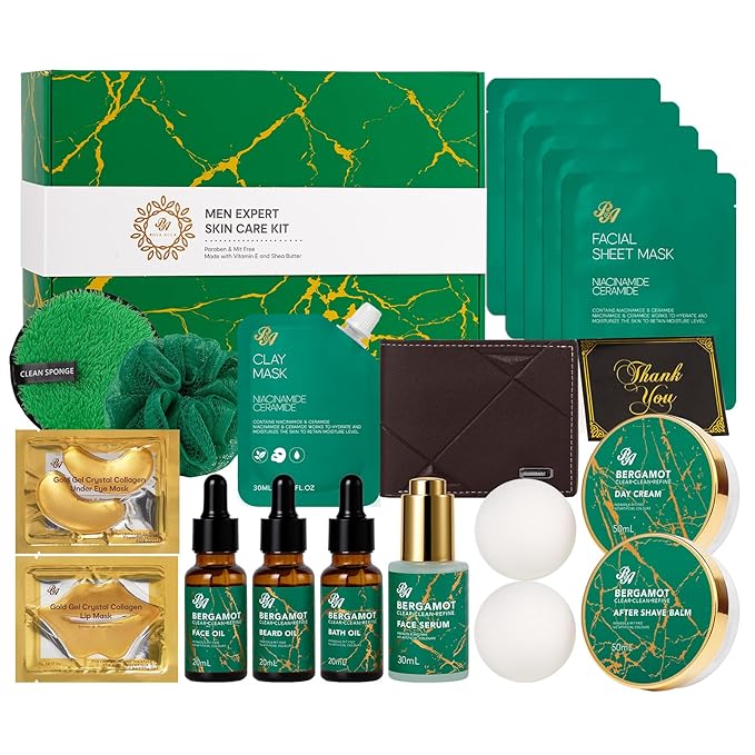 Men Bergamot Facial Skin Care Set, 21 Pcs Beard Grooming Kit, Bath and Body Gift Set, Cleanser, Beard Oil, Serum, Face Cream, Birthday, Christmas, Valentines, Father Day, Husband, Dad, Boyfriend