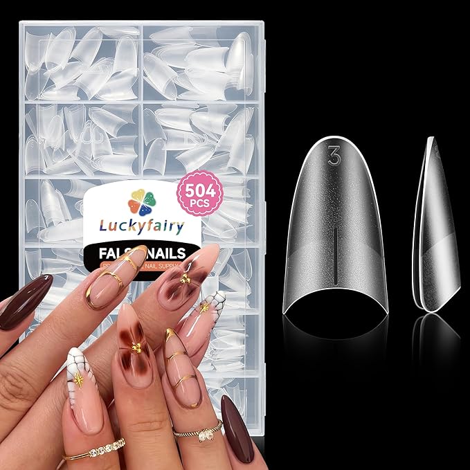 Almond Nail Tips: 504pcs Double-sided Matte Half Cover Medium Almond Shape Tips, Pre-etched Soft Gel Press on Nails, 12 Sizes No C Curve Clear False Fake Nails for Extension Manicure Home