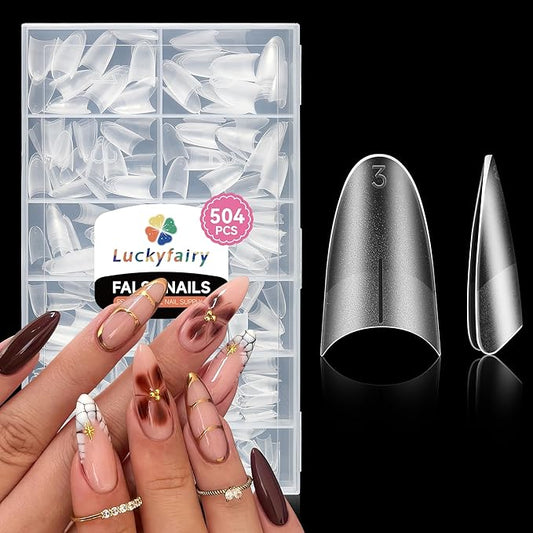 Almond Nail Tips: 504pcs Double-sided Matte Half Cover Medium Almond Shape Tips, Pre-etched Soft Gel Press on Nails, 12 Sizes No C Curve Clear False Fake Nails for Extension Manicure Home