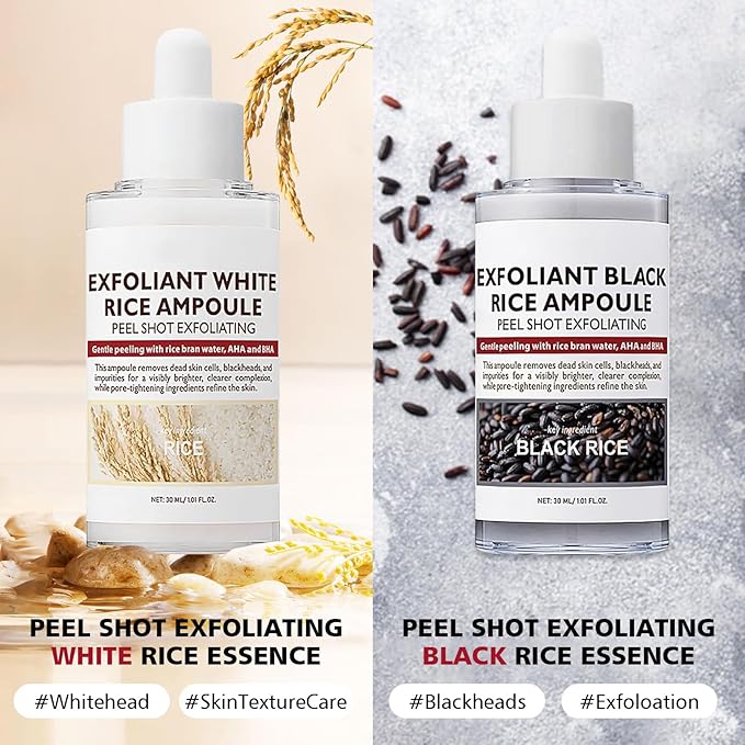 2PCS Rice Exfoliating Ampoule Set, Black & White Rice Exfoliant Brightening Duo for Glowing Skin, Gentle Peel & Pore Minimizing & Deep Hydration for All Skin Types