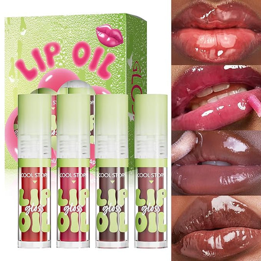 4 Pack Hydrating Glow Lip Oil Makeup Set for Women, Moisturizing Lip Gloss with Glow Finish, Long Lasting Nourishing Lip Care Fat Oil Lip Drip, Sweet Candy Scent (SET B, DARK)