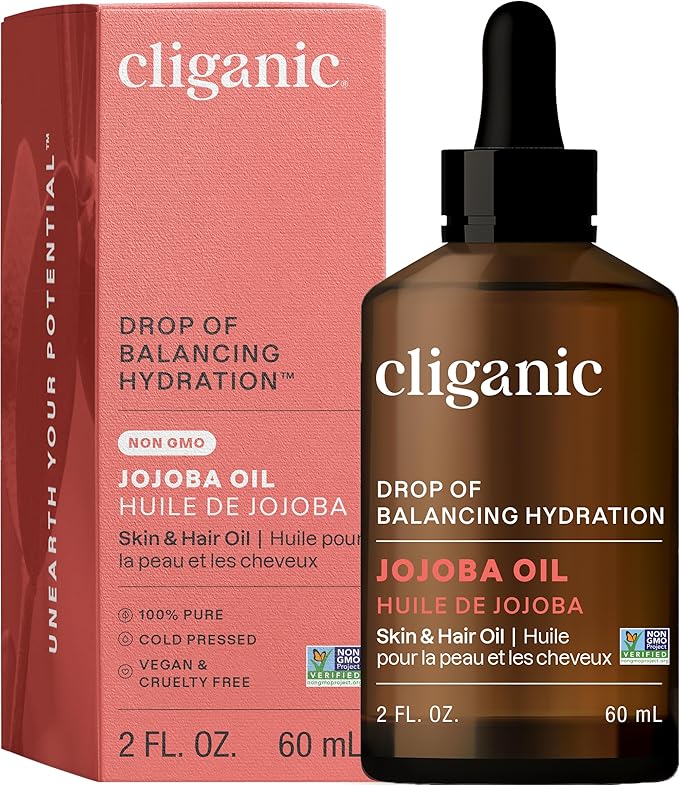 Cliganic Non-GMO Jojoba Oil for Skin, Hair & Face (2oz) | 100% Pure, Natural Cold Pressed Unrefined Hexane Free (Packaging May Vary)