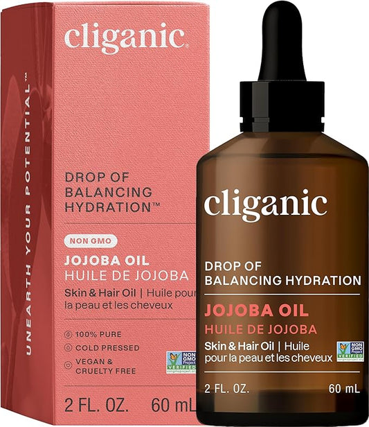 Cliganic Non-GMO Jojoba Oil for Skin, Hair & Face (2oz) | 100% Pure, Natural Cold Pressed Unrefined Hexane Free (Packaging May Vary)