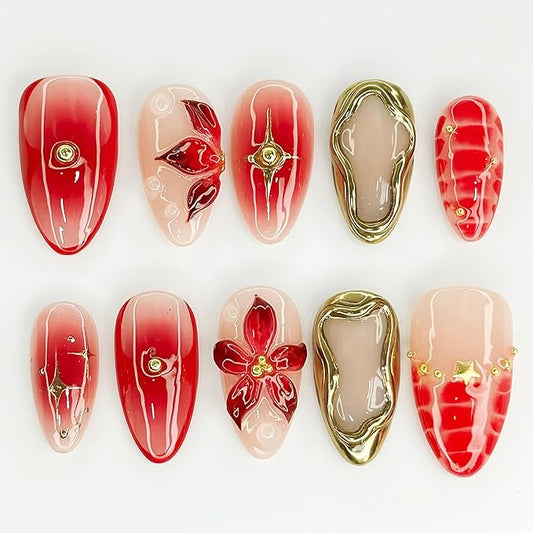 Almond Press on Nails Medium Almond Fake Nails with 3D Texture Gold Design Y2K Gold Star Beads Full Cover Acrylic Nails False Nails Red Crocodile Pattern French Stick on Nail for Women 24Pcs