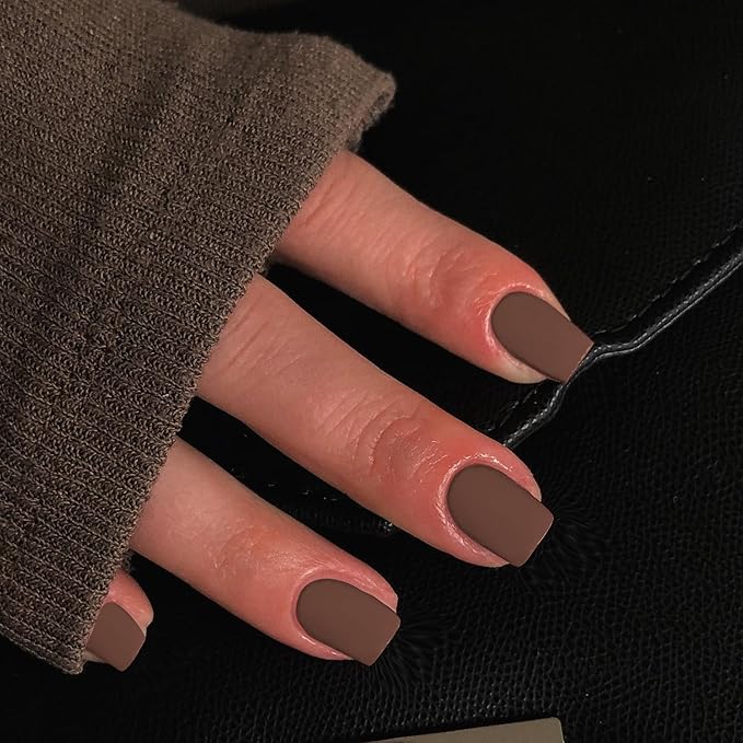 48Pcs Matte Brown Press on Nails Short Square Fake Nails, Glue on Nails Short Gel Nails Press ons, Acrylic Nails Stick on False Nails for Women, Natural Handmade Thick Extra Short Nails Small Petite
