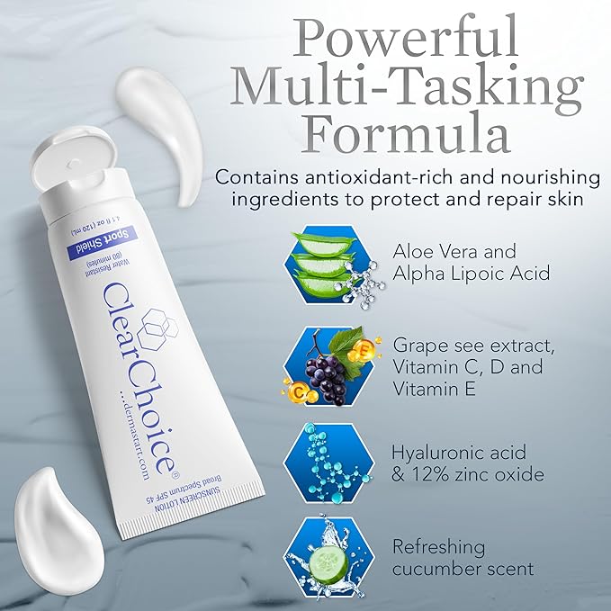 Clear Choice Sunscreen for Face SPF 45, Oil Free Sunblock & Light Moisturizer with Zinc Oxide, Reef-Safe, Broad Spectrum, Water-Resistant, No White Cast, Dermatologist Recommended, 4oz