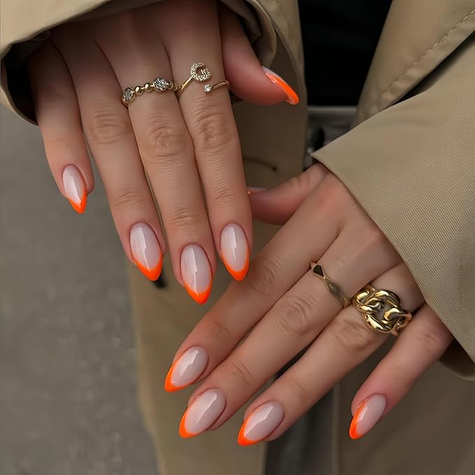30 Pcs Orange French Tip Press on Nails Short Almond, Acrylic Fake Nails with Glue Medium Stiletto Shape, Acrylic Natural Glue on Nails for Women, 15 Sizes