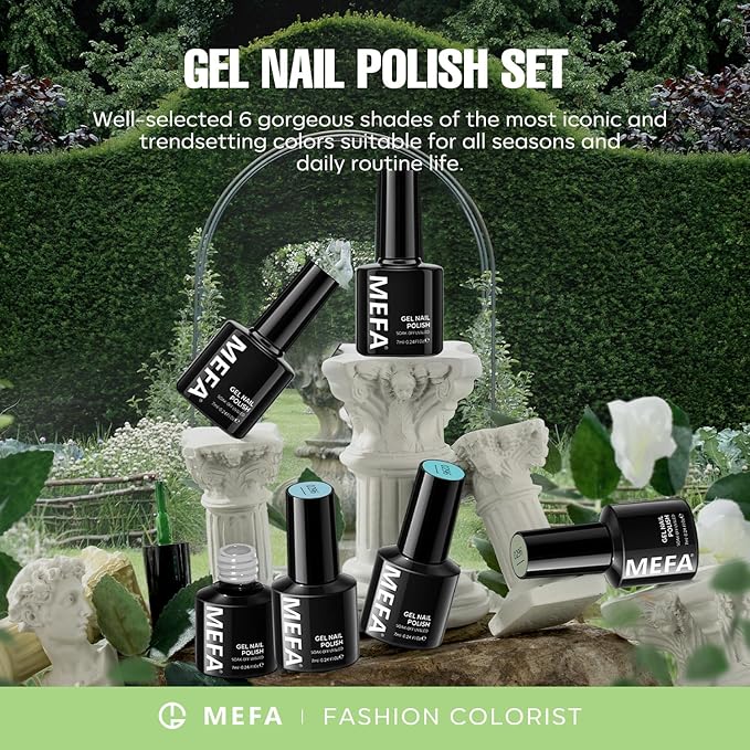MEFA Green Gel Nail Polish Set 6 Colors, Sage Green Mist Blue Light Grey Dark Olive Shades Earth Tone Gel Polish Matcha Avocado Soak Off Nail Art Design Home Manicure Kit Gifts St. Patrick's Day