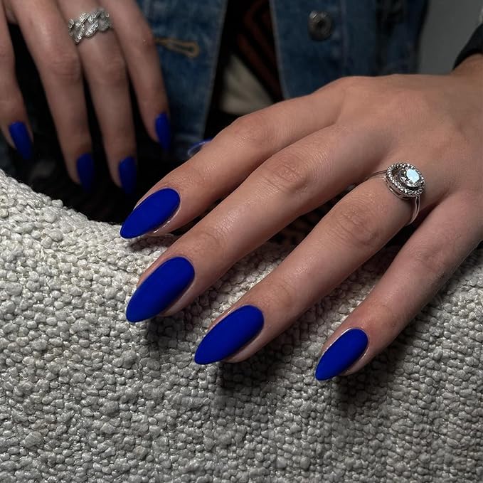 48Pcs Matte Royal Blue Press on Nails Almond Fake Nails Glue on Nails Medium Length Almond Shaped Nails Press ons, Stiletto False Nails for Women, Medium Almond Nails, Thick Natural Acrylic Gel Nails