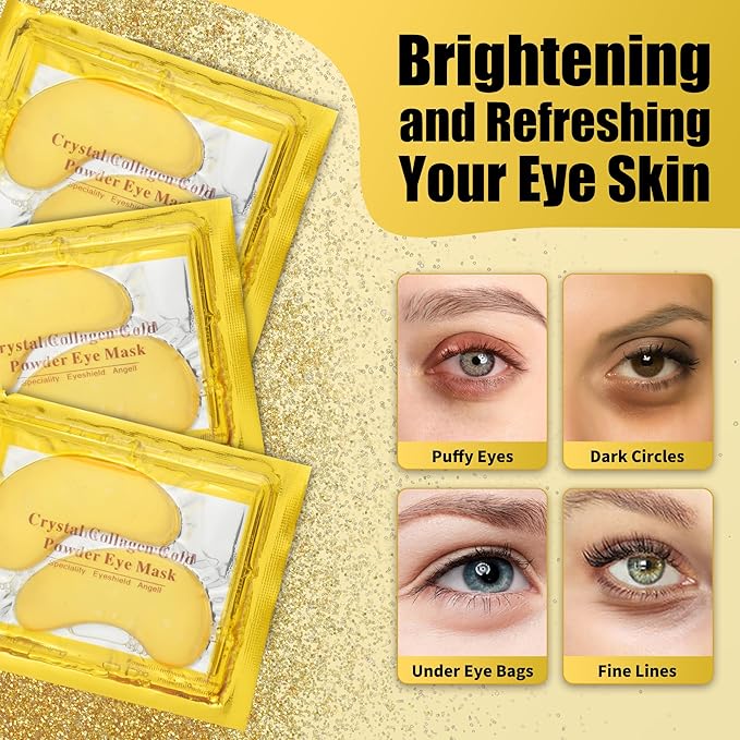 Eye Mask Under Eye Patches (20 Pairs) 24K Golden Under Eye Masks Hyaluronic Acid Eye Patches for Dark Circles and Puffiness, Reduce Wrinkles and Fine Lines Under Eye Area - Gold