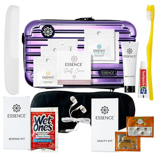 Essence Travel Amenity Kit - Compact Wellness Organizer with 5 Nasal Diffusers + 9 Traveler Comfort Essentials for Flights, Hotels & Adventures - Wearable Aromatherapy Self-Care On the Go