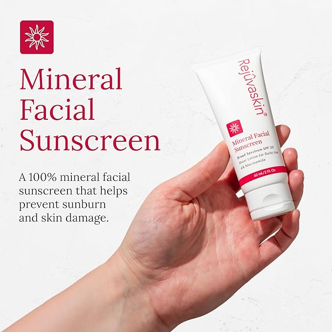 Rejuvaskin Mineral Facial Sunscreen, Broad Spectrum SPF 32 for Sensitive and Acne-Prone Skin, Oil-Free, 3.38 fl oz / 100ml