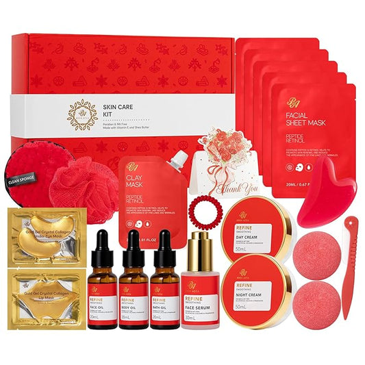Red Rose 23 Pcs Facial Skin Care Set, Luxury Bath and Body Gifts for Women, Spa & Self-Care Gifts, Lip Gloss, Sheet Mask, Present, Bath Oil, Birthday, Christmas, Valentines, Mother Day, Bridal Shower