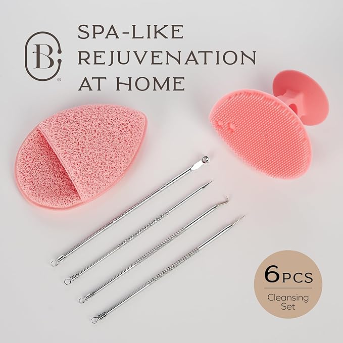 Bella Ciao 6-in-1 Facial Skin Care Products, Makeup Remover, Exfoliating Brush, 4-Piece Blackhead Removal Kit, Complete Skincare Set, Deep Facial Cleansing Brush (Pink)