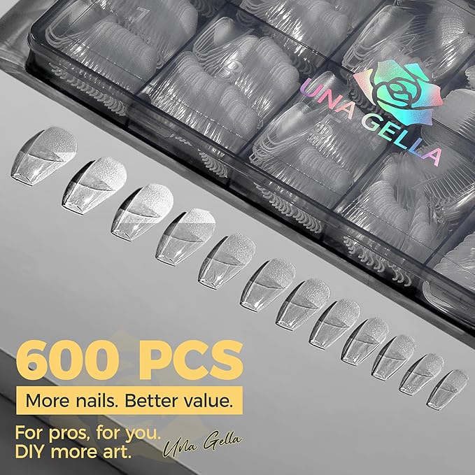 UNA GELLA Medium Coffin Nails Tips 600Pcs, Gel Nail Tips Coffin Pre Etched Press On Nails Fake Soft Gel Nail Tips For Nail Extension Ombre Stlye Art Home DIY Salon 12 Sizes