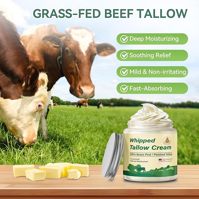Beef Tallow for Skin, Organic Grass Fed Whipped Beef Tallow Moisturizer Deeply Nourishing for Face & Body, Natural Unscented Tallow Face Moisturizer Smooth Soft for Dry Skin, 4oz