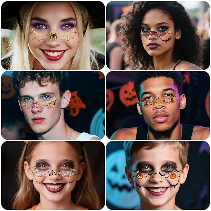 12pcs Halloween Glitter Freckles Face Tattoos Makeup Patches with Pumpkin, Bat, Spider, Witch, Skull, Love Heart, Flowers Design, Face Temporary Tattoos for Adults Kids Rave Accessories