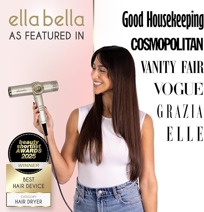 ELLA BELLA® Professional Ionic Hair Dryer with Diffuser • Negative Ion Blow Dryer • Suitable All Hair Types • Intelligent Heat Control & Rapid Drying Speeds • Lightweight Design • Low Noise Technology