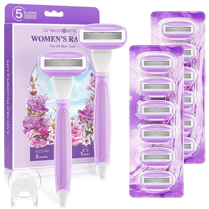 DreamGenius Razors for Women Include 2 Non-Slip Handles and 14 Blade Refills with a Shower Holder, 5 Premium Blades Women's Razors for Shaving with 360° Lubrication Reduces Irritation, Purple