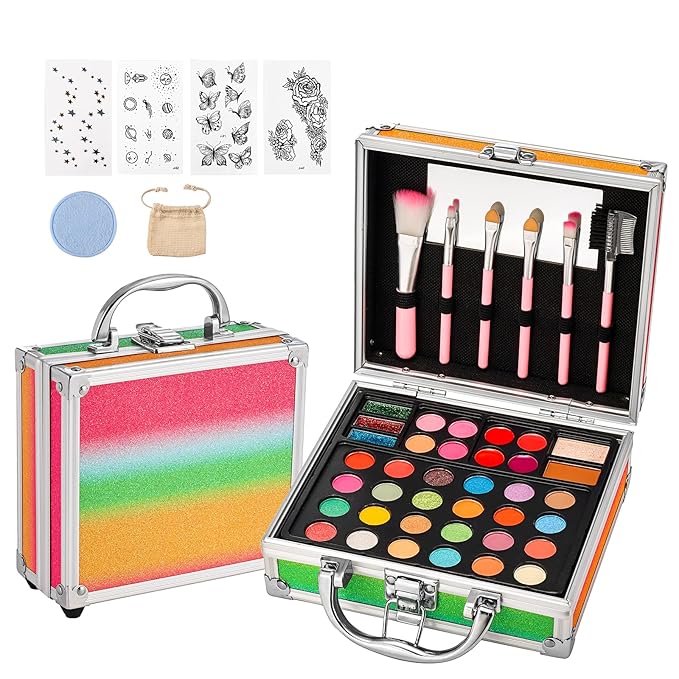 Anpro All-In-One Makeup Carry Case with Pro Teen Makeup Set, Full Starter Cosmetics Kit with Makeup Brushes, Eye Shadows Palette, Blushes, Glitter Gel, Temporary Tattoo Stickers